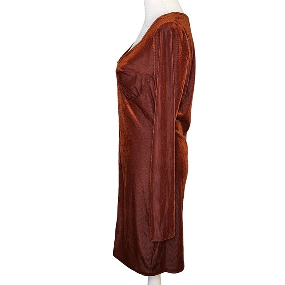 Bear Dance Ribbed Velvet Bodycon Mini Dress Rust Long Sleeve Women's Large Y2K - Picture 3 of 10